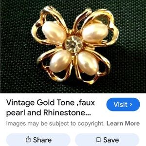 Gold Tone Faux Pearl Rhinestone Brooch